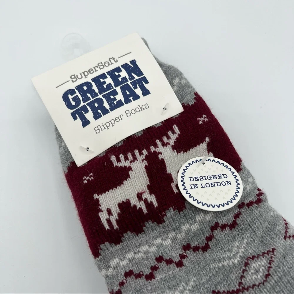Green Treat Men’s 1 Pair SuperSoft Deer Print Christmas Slipper Socks Size 8-12 - Picture 2 of 4